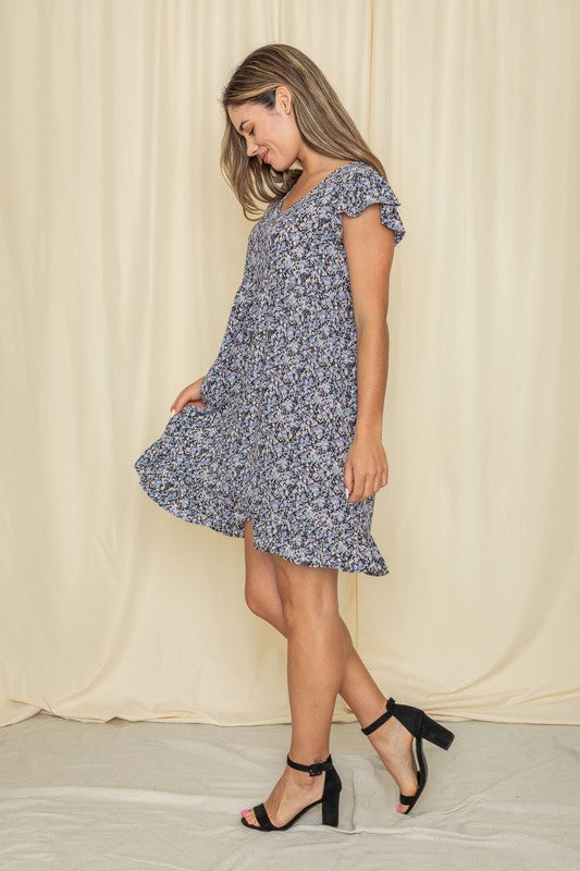 Plus Mix Floral Flutter Sleeve Mini Dress