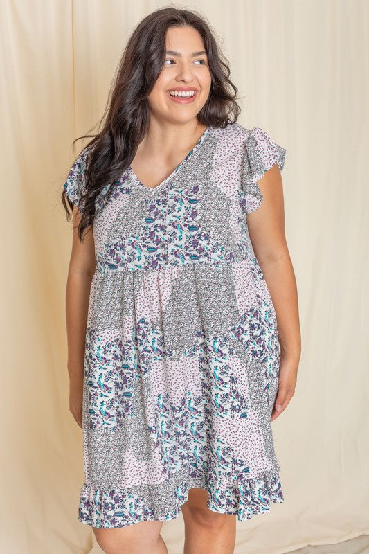 Plus Mix Floral Flutter Sleeve Mini Dress
