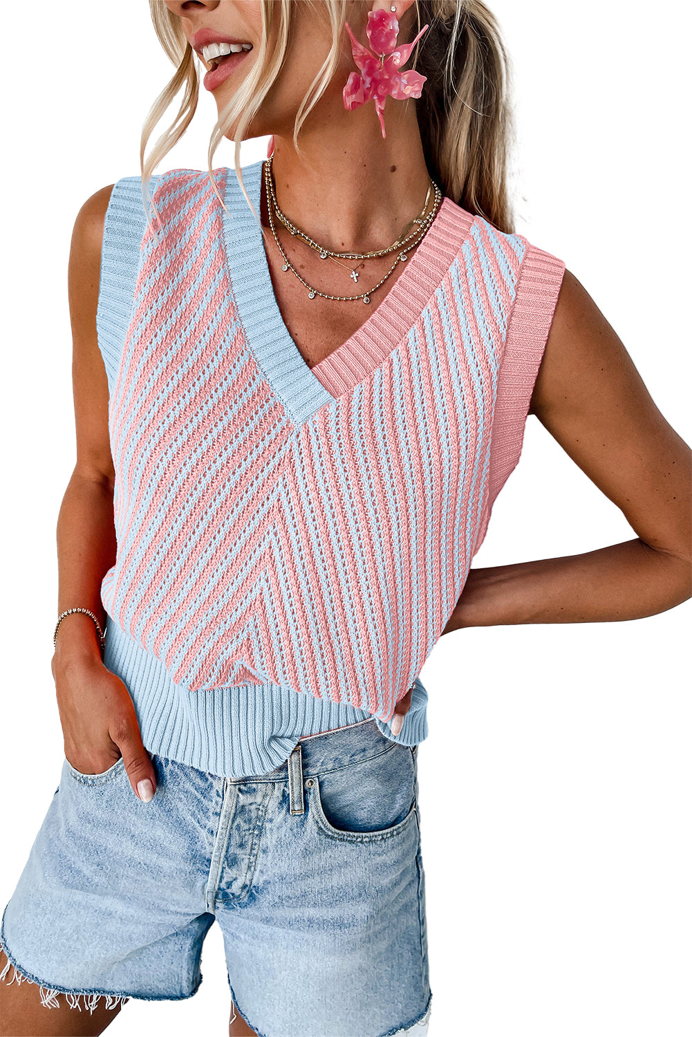 Light Pink Contrast Chevron Knit V Neck Sweater Vest