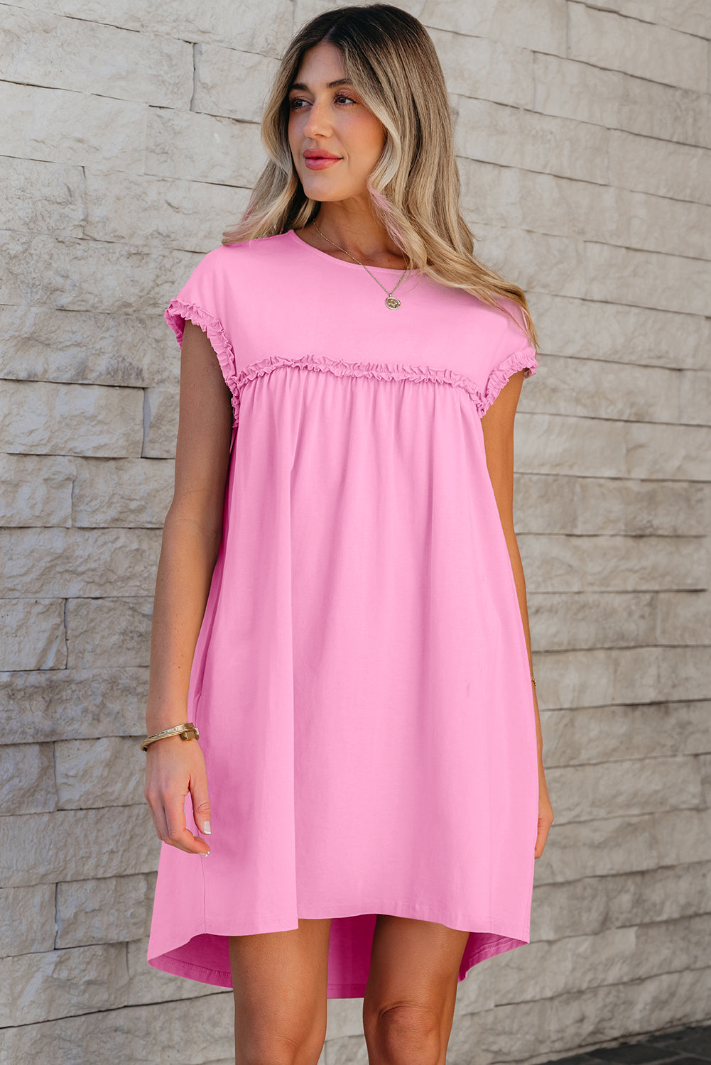 Pink Frilled Trim Crew Neck Loose Fit Mini Dress