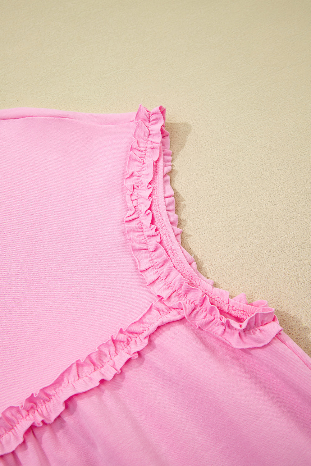 Pink Frilled Trim Crew Neck Loose Fit Mini Dress