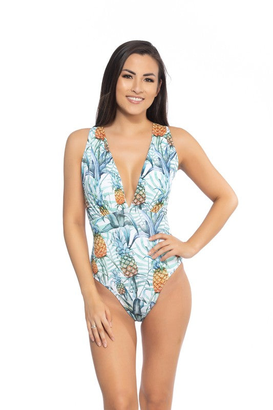 PINEAPPLE PRINT V NECKLINE ONE PIECE SWIMSUIT