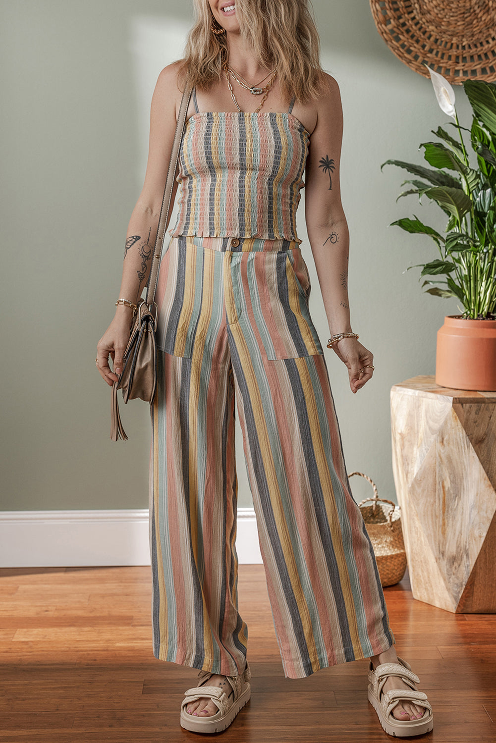 Multicolour Vertical Striped Smocked Cami Top Wide Leg Pants Set