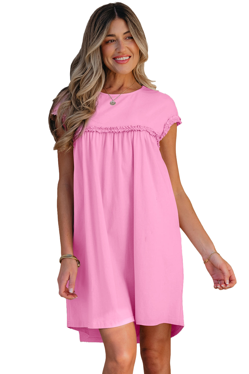 Pink Frilled Trim Crew Neck Loose Fit Mini Dress