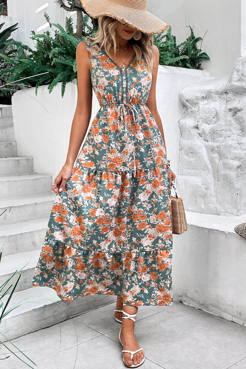 Green Floral Print Trimmed V Neck Tie Waist Sleeveless Holiday Long Dress