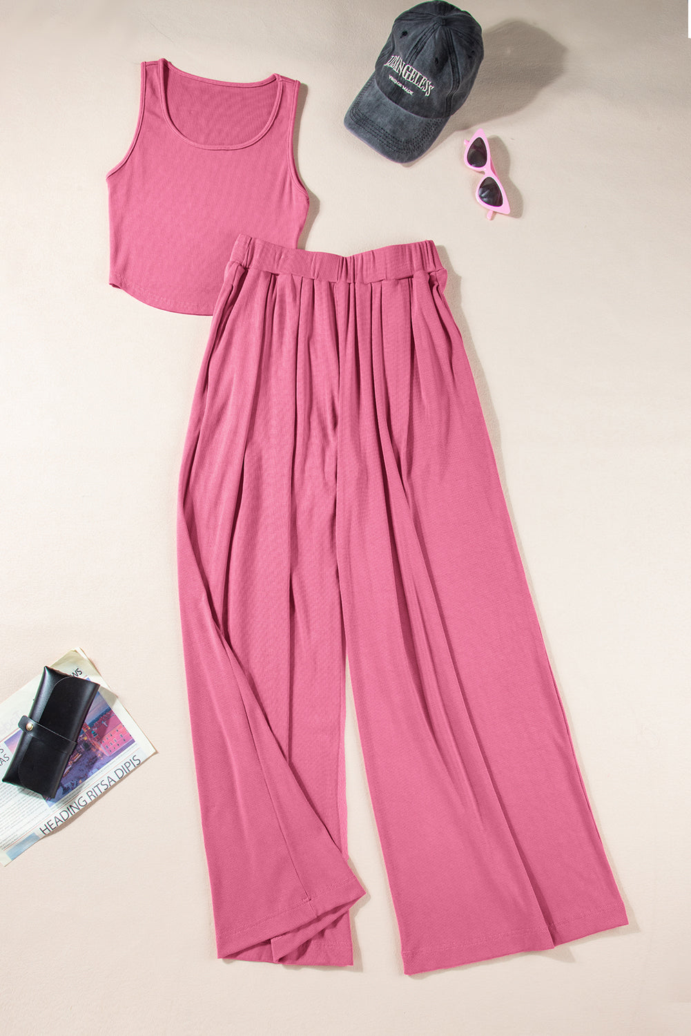 Pink Textured Sleeveless Crop Top and Wide Leg Pants Outfit