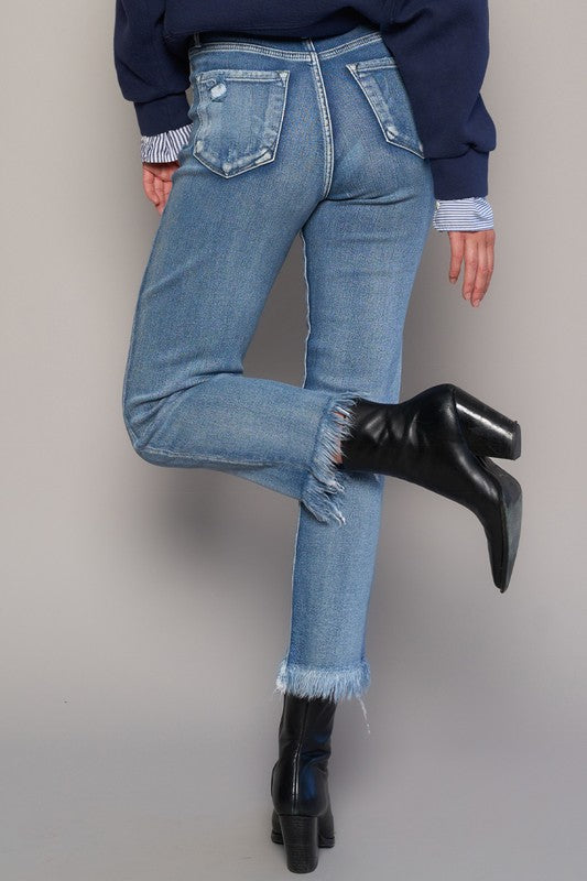 High Rise Fray Crop Straight Jeans