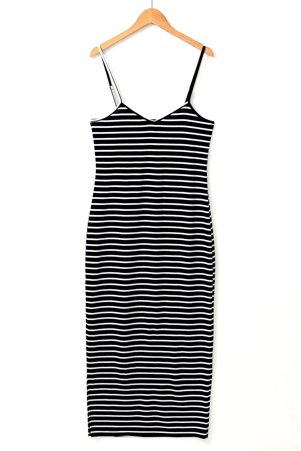 Black Stripe Asymmetric Shoulder Tee Slit Pencil Dress Set