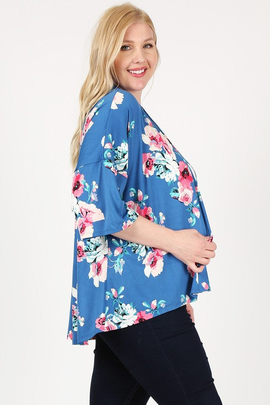 Plus Size Floral Short Sleeve Cardigan