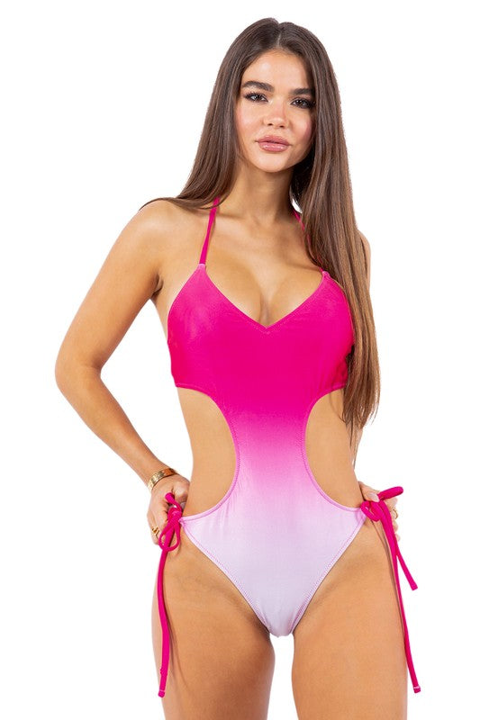 ONE PIECE OMBRE SIDE TIED HALTER NECKLINE SWIMSUIT