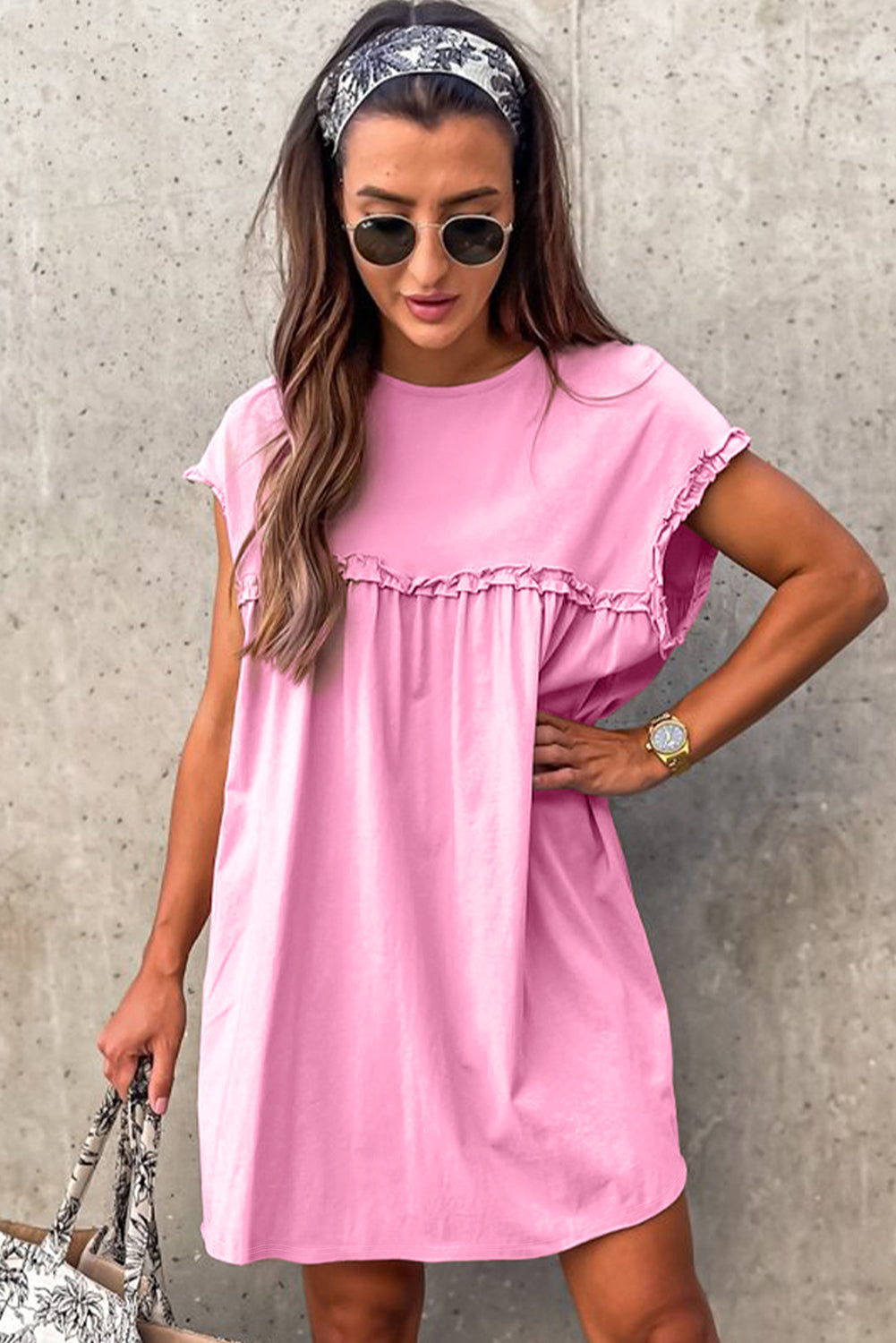 Pink Frilled Trim Crew Neck Loose Fit Mini Dress