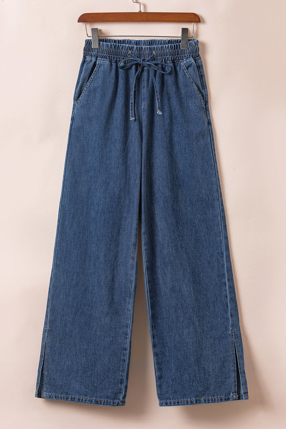 Dark Blue Drawstring Elastic Waist Wide Leg Jeans