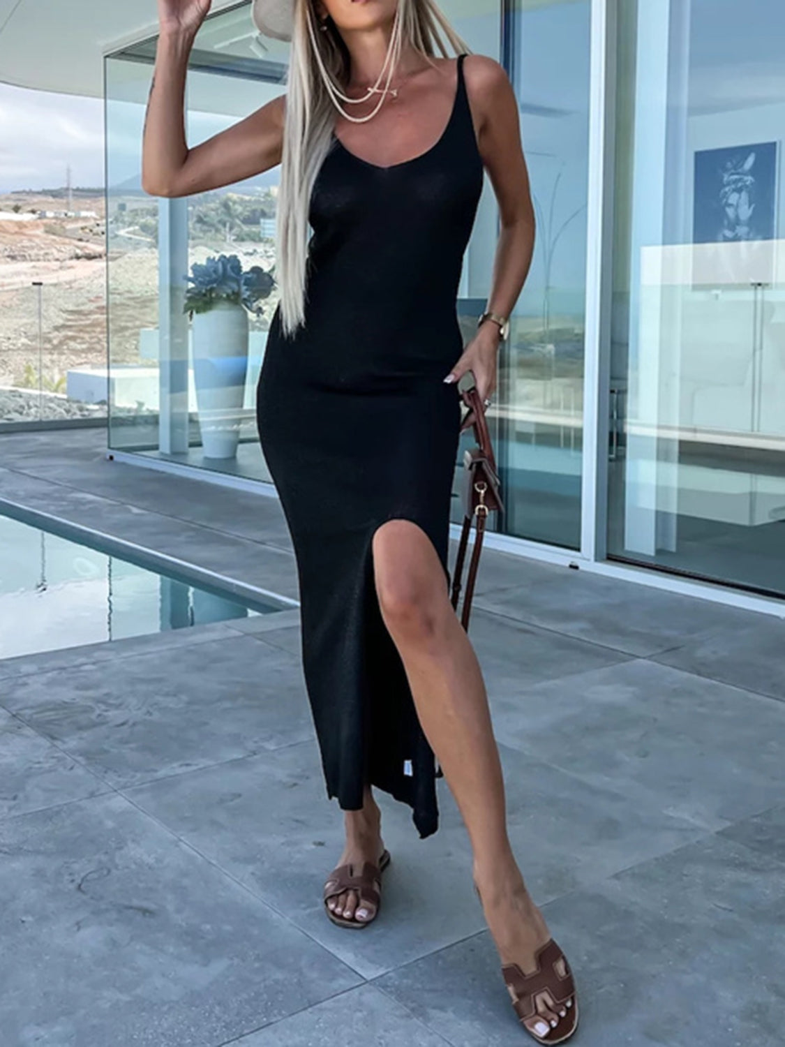 Slit Scoop Neck Midi Cami Dress