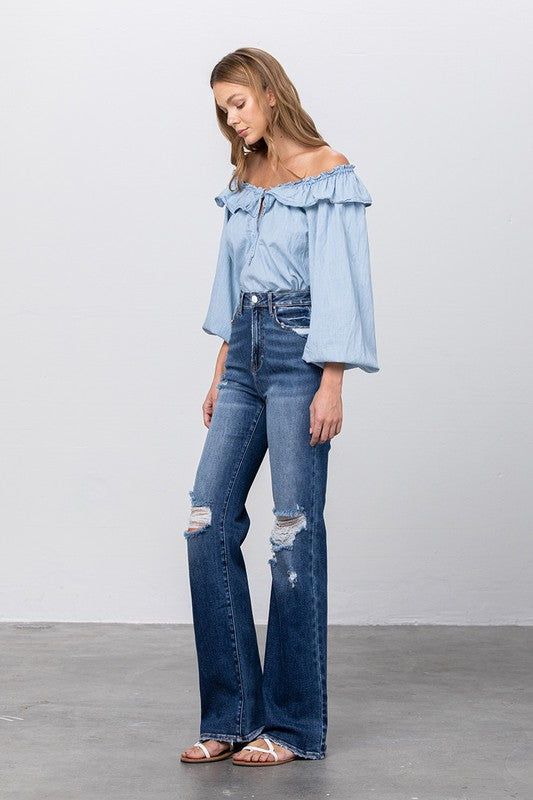 High Waist Ripped Flare Jeans