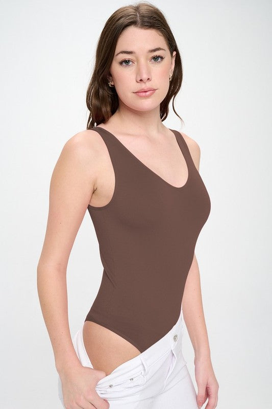 Reversible V-Neck Basic Tank Top Thong Bodysuit