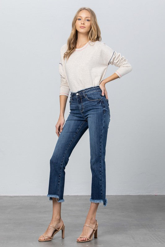 High Stretch Frayed Hem Crop Jeans