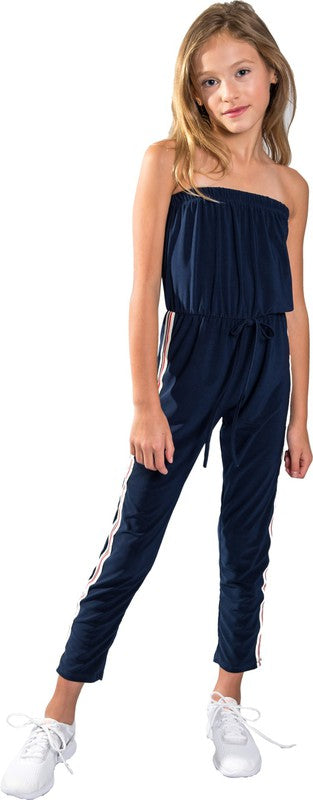 JUNIORS NAVY STRIPE SIDE JUMPSUIT