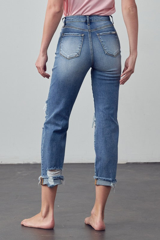 Mid Rise Stretch Raw Hem Ripped Boyfriend Jeans