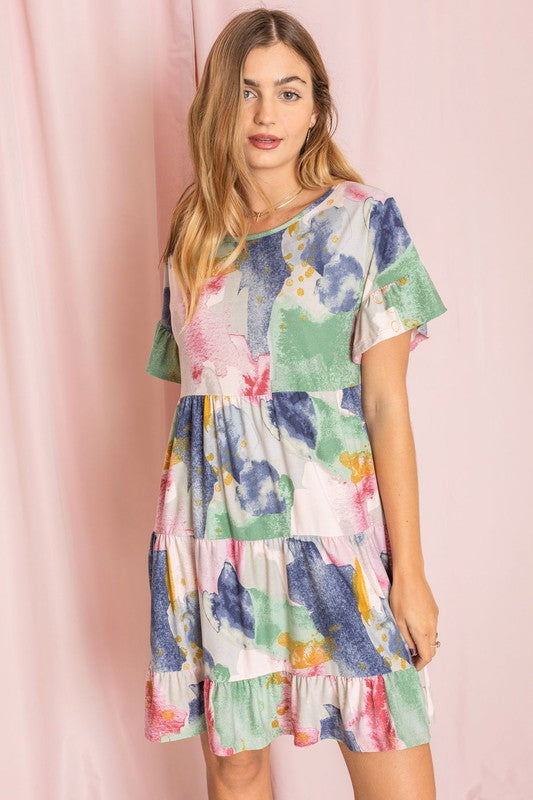 Tie Dye Ruffle Triple Tiered Midi Dress