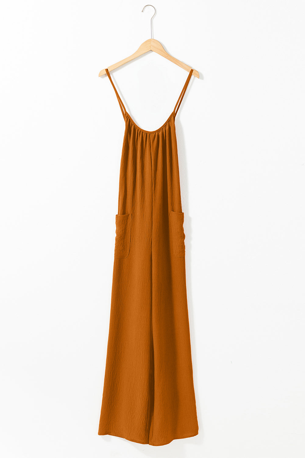 Chestnut Spaghetti Straps Waist Tie Wide Leg Jumpsuit with Pockets