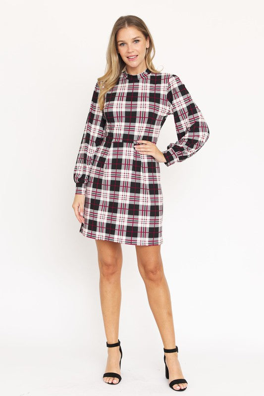 High Neck Plaid Sheath Dress