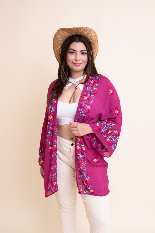 Pink Anemone Garland Embroidered Kimono