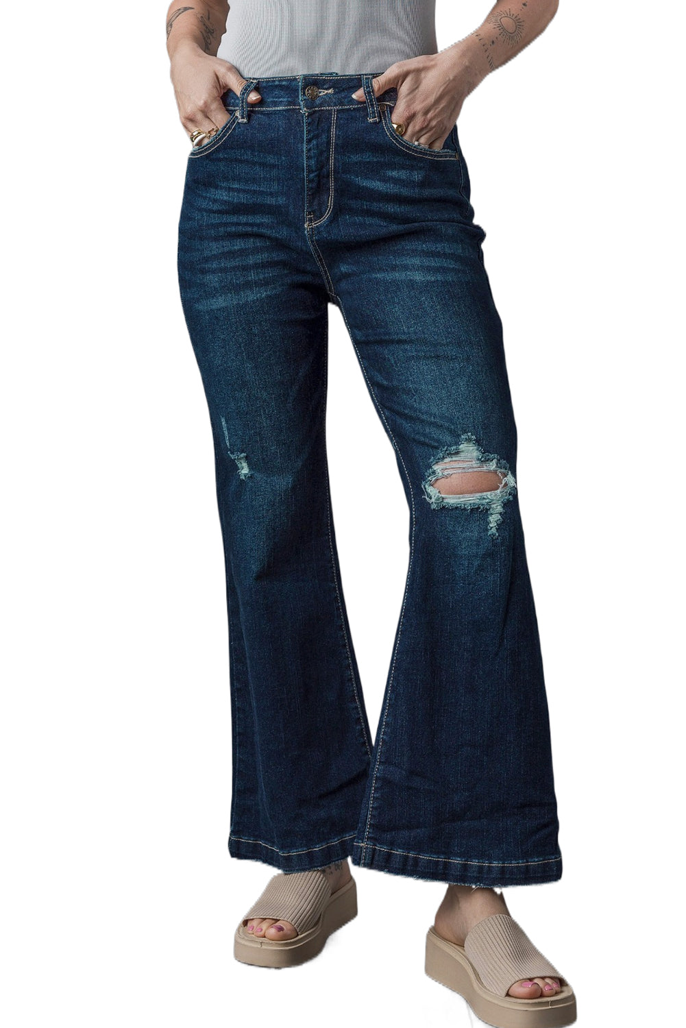 Real Teal High Rise Ripped Bell Bottom Jeans