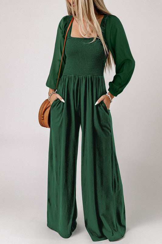 Long Sleeve Square Neck Smocked Bodice Jumpsuit