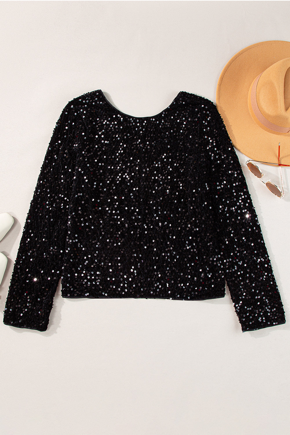 Black Sequin Long Sleeve Cutout Back Top