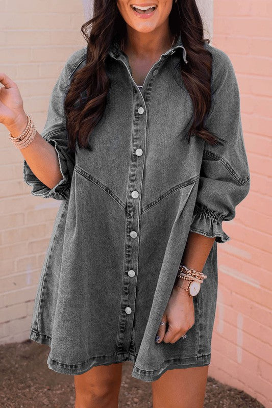 Sky Blue Buttoned Long Sleeve Denim Mini Dress