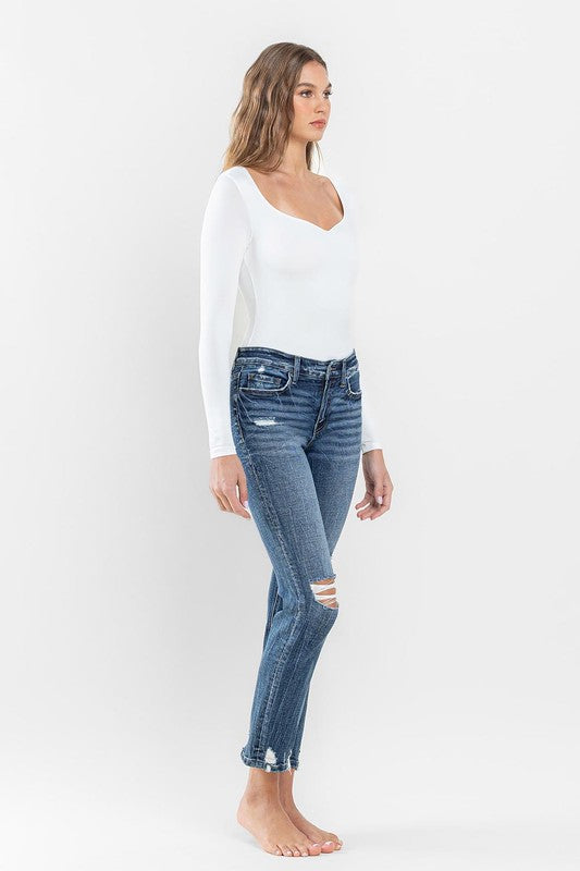 Mid Rise Distressed Crop Slim Straight Jeans