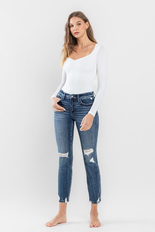 Mid Rise Distressed Crop Slim Straight Jeans