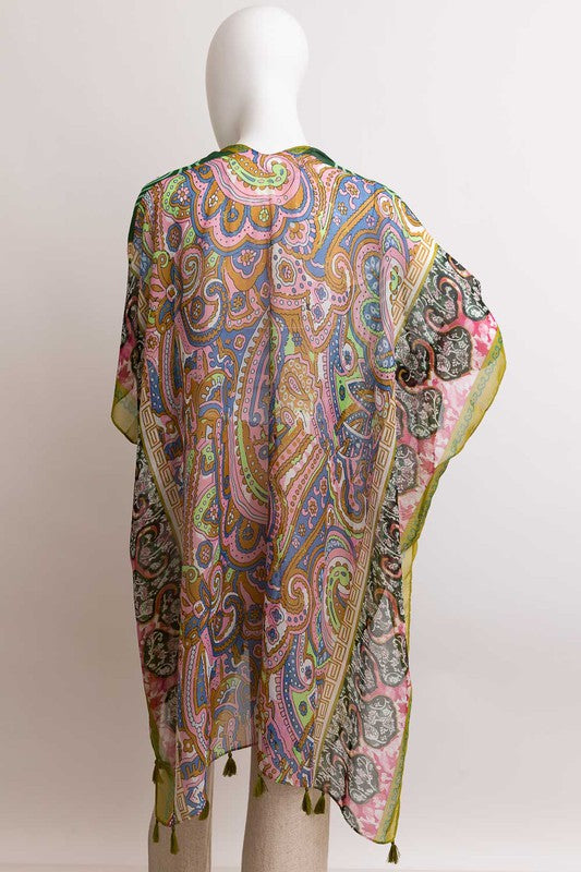 Paisley Print Open Front Kimono w/ Cinched Arms