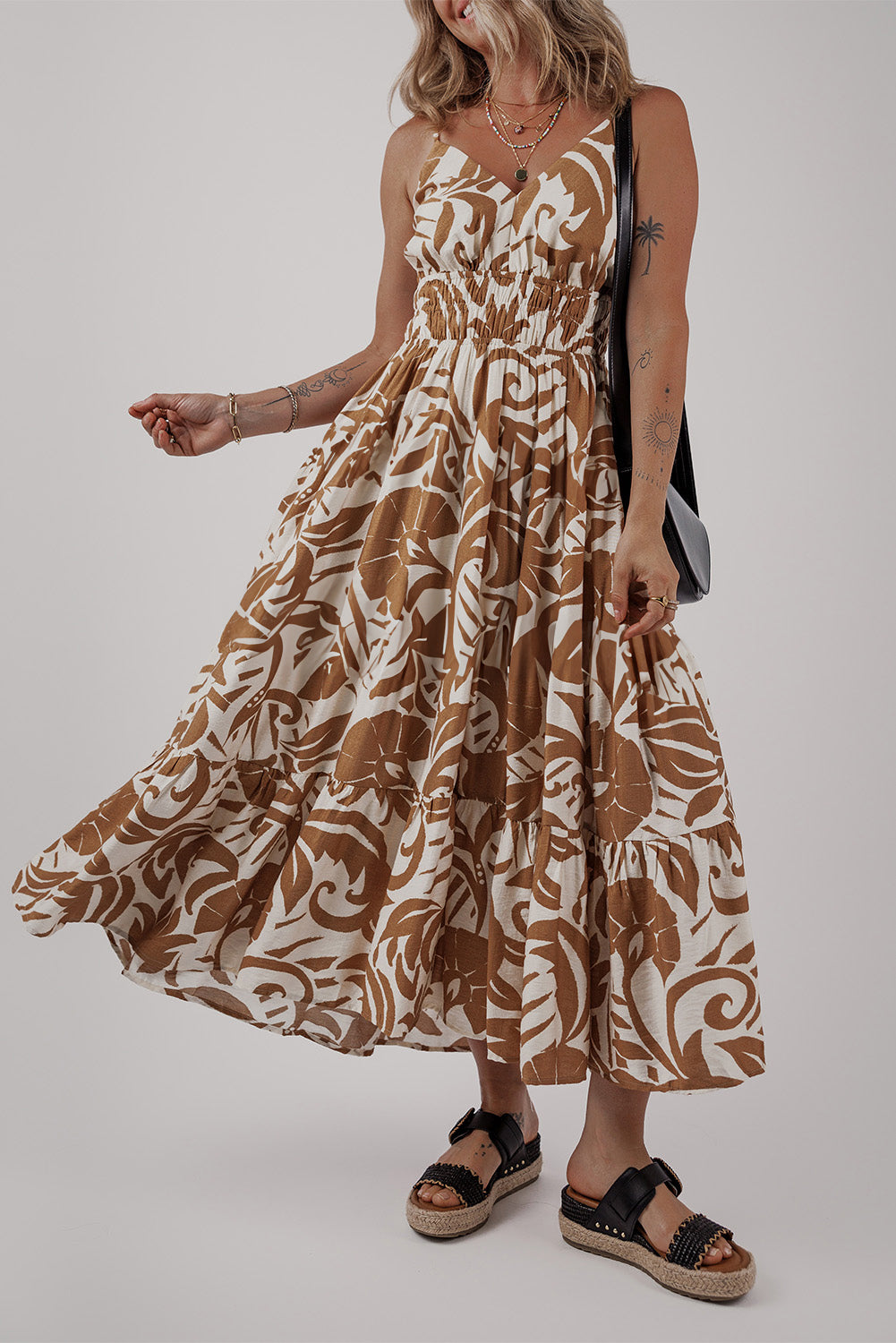 Khaki Floral Shirred High Waist Spaghetti Straps Maxi Dress