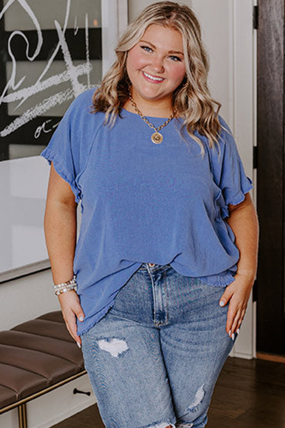 Ashleigh Blue Plus Size Solid Color Short Sleeve Frayed Edge Top