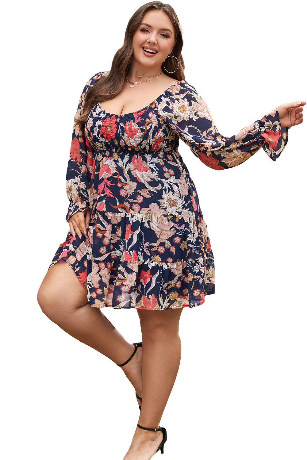 Black Floral Flounce Sleeve Smocked Ruffled Plus Size Dress