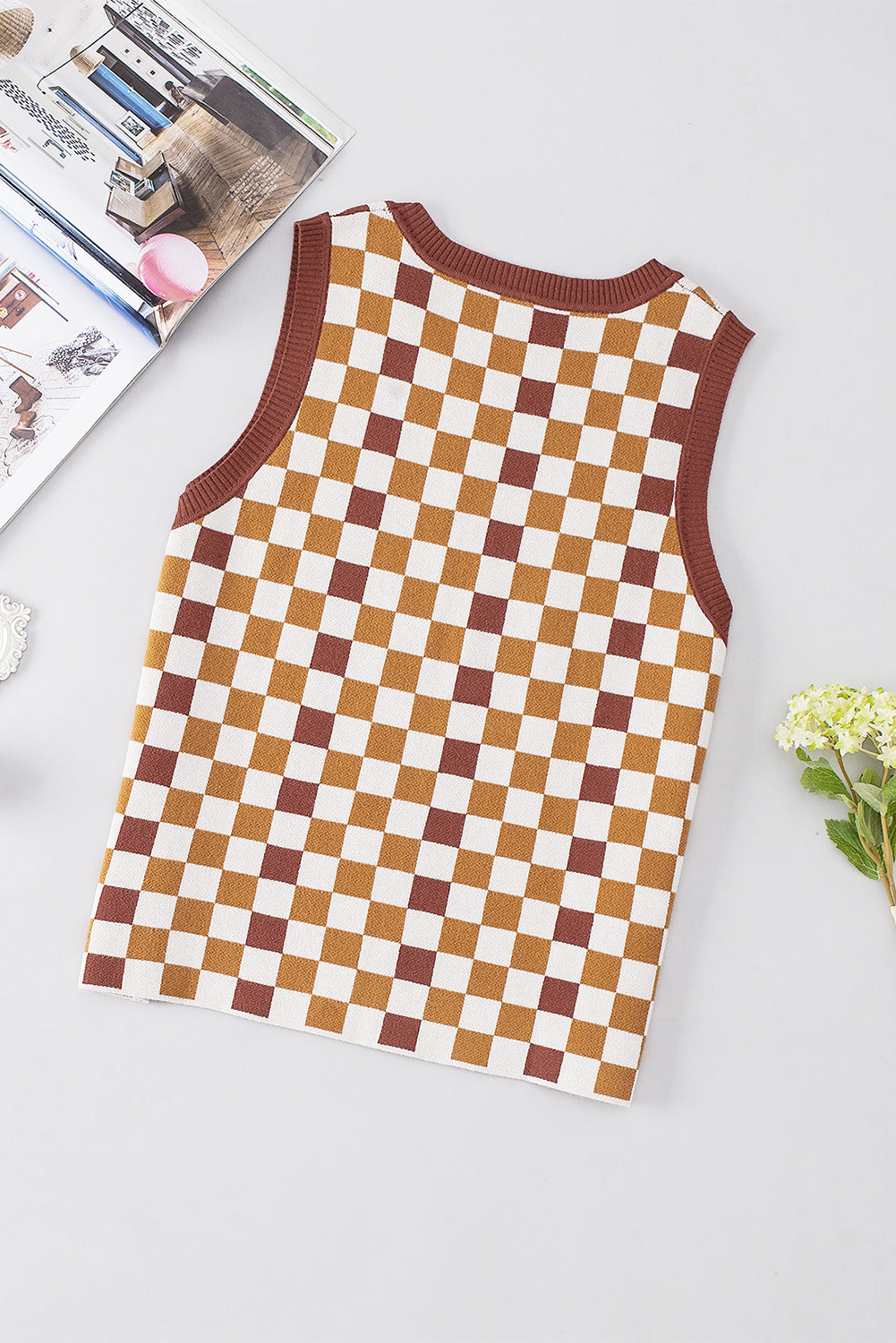 Brown Checkered Ribbed Trim Knit Sweater Vest