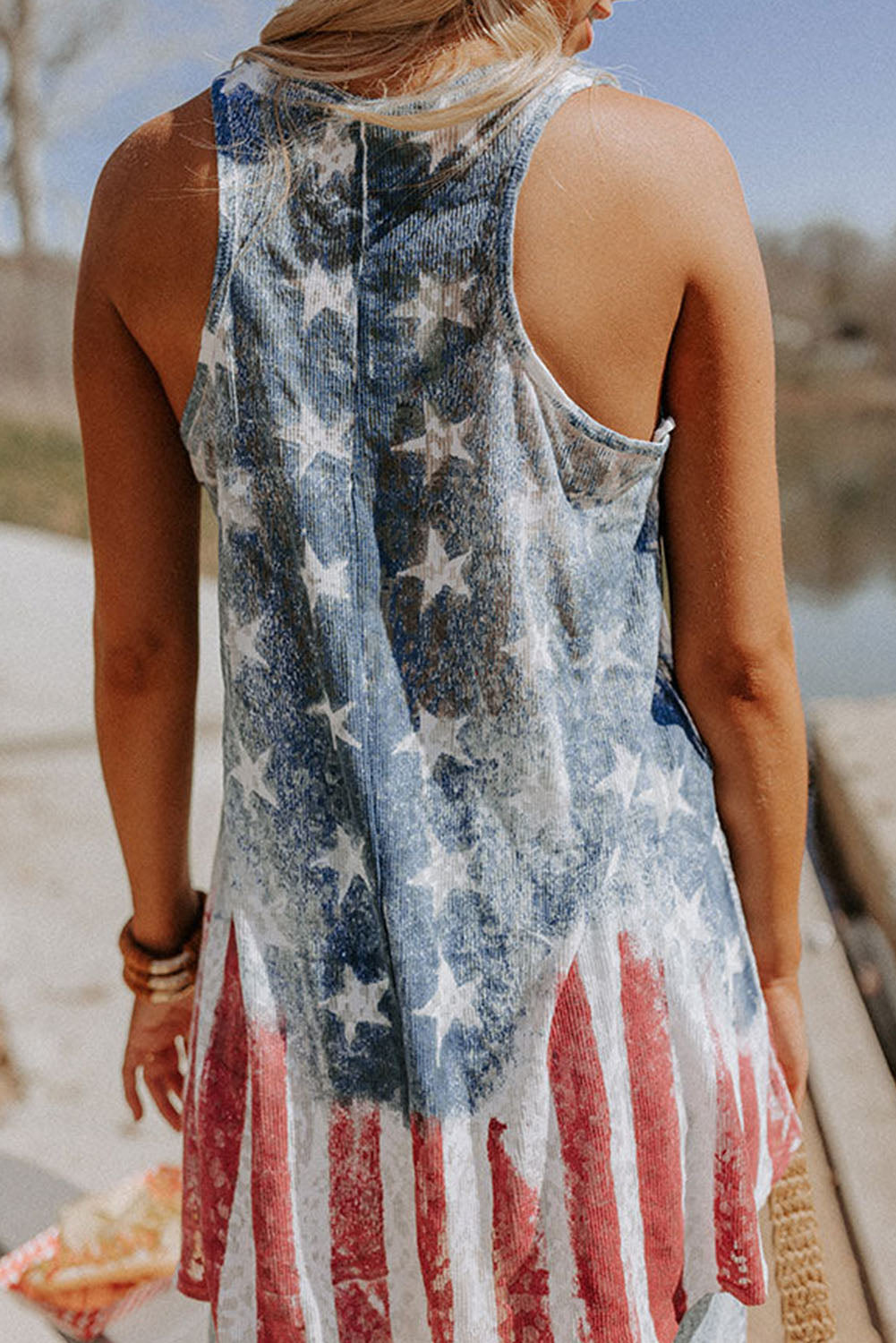 Blue Vintage Washed Flag Print Shift Tank Top