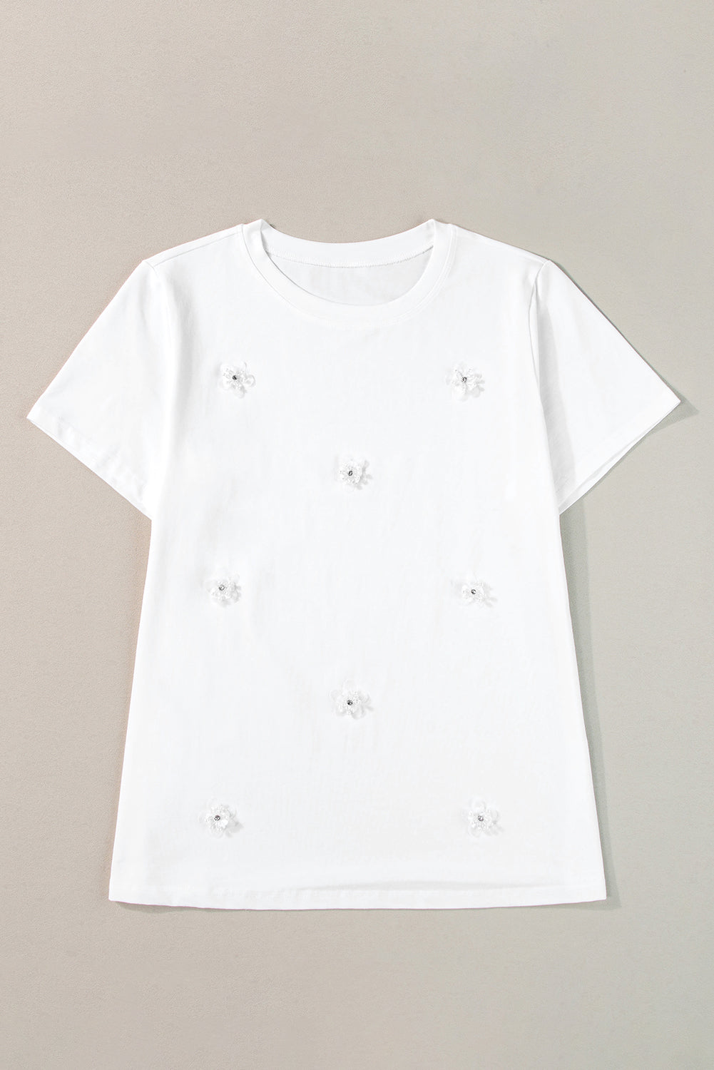 White Flower Applique Round Neck T-shirt