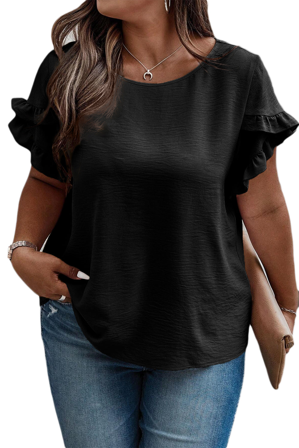 Black Ruffled Short Sleeve Plus Size Top