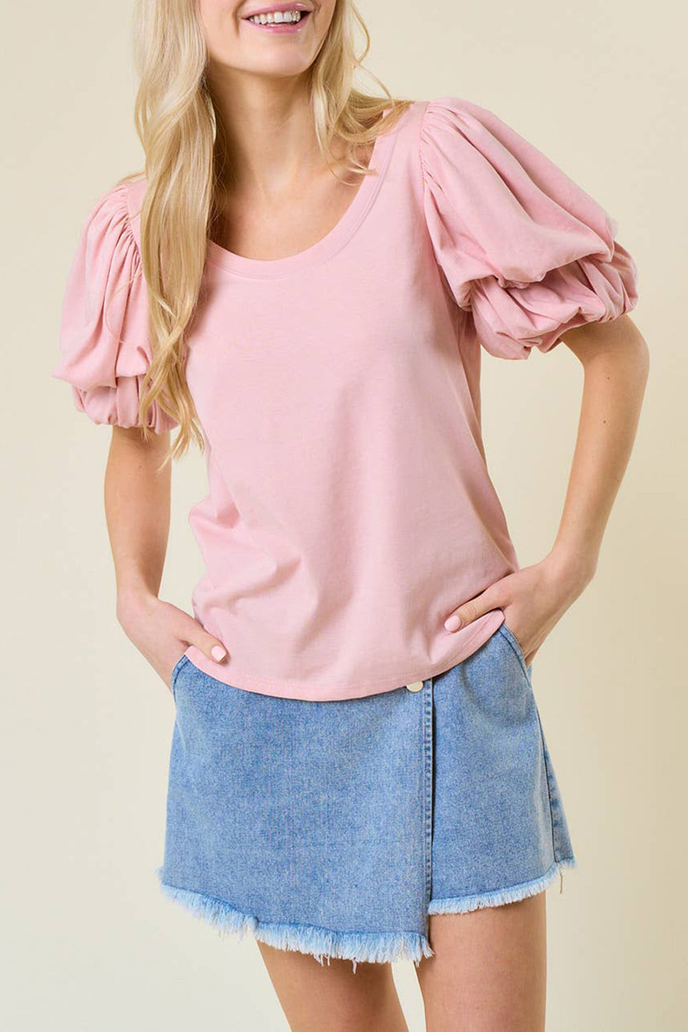 Light Pink Scoop Neck Bubble Sleeve Tee