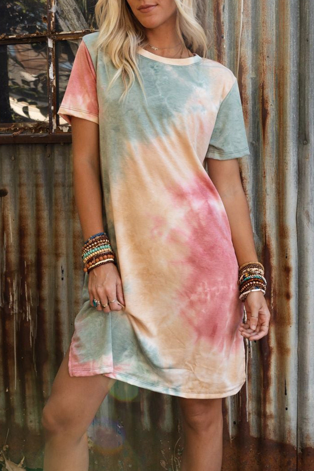 Multicolor Tie Dye Oversized Slit Tee Dress