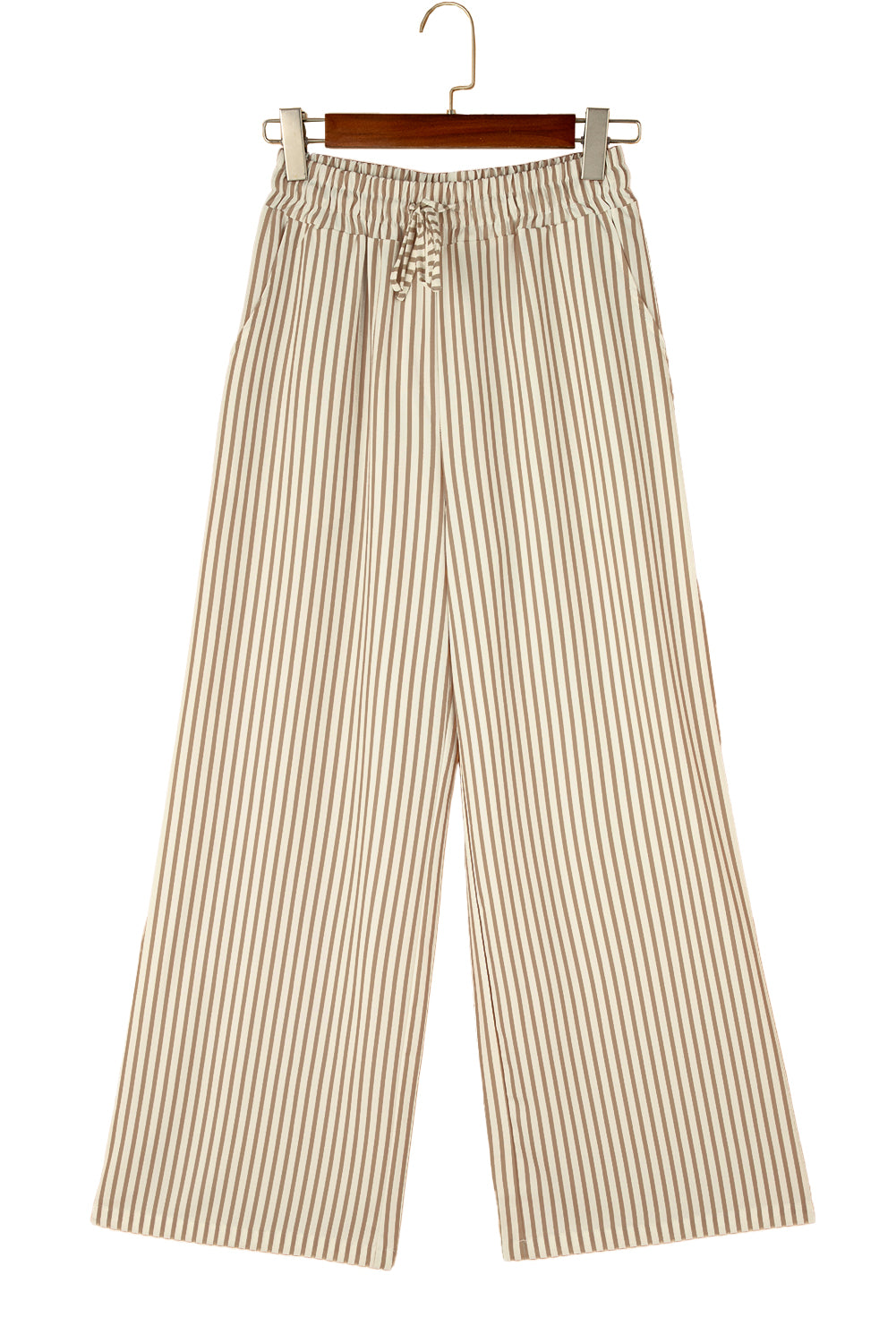 Khaki Stripe Print Wide Leg Drawstring Pants