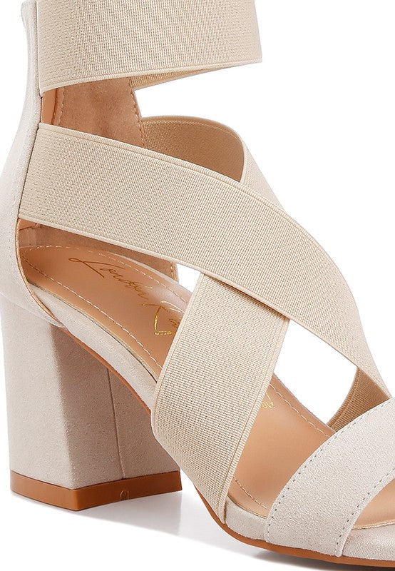 BENICIA ELASTIC STRAPPY BLOCK HEEL SANDALS