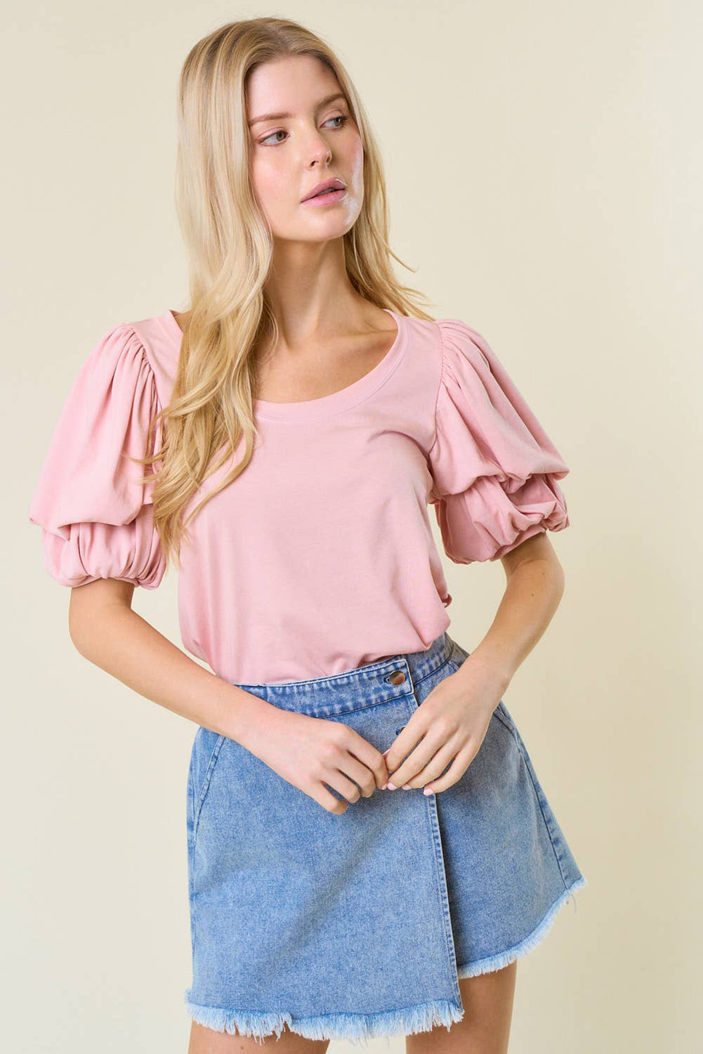 Light Pink Scoop Neck Bubble Sleeve Tee