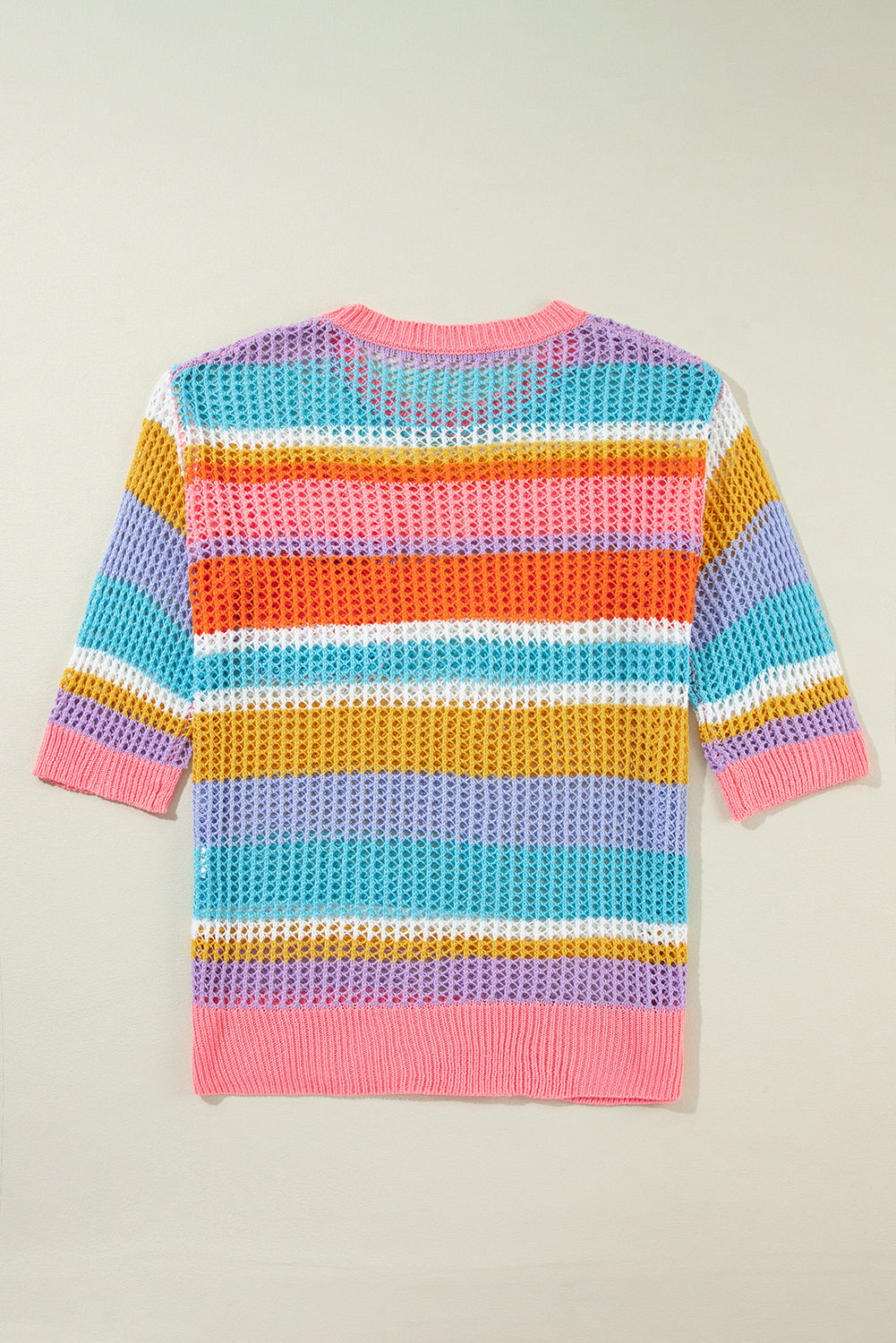 Pink Stripe Colorblock Hollowed Crochet 3/4 Sleeve Sweater