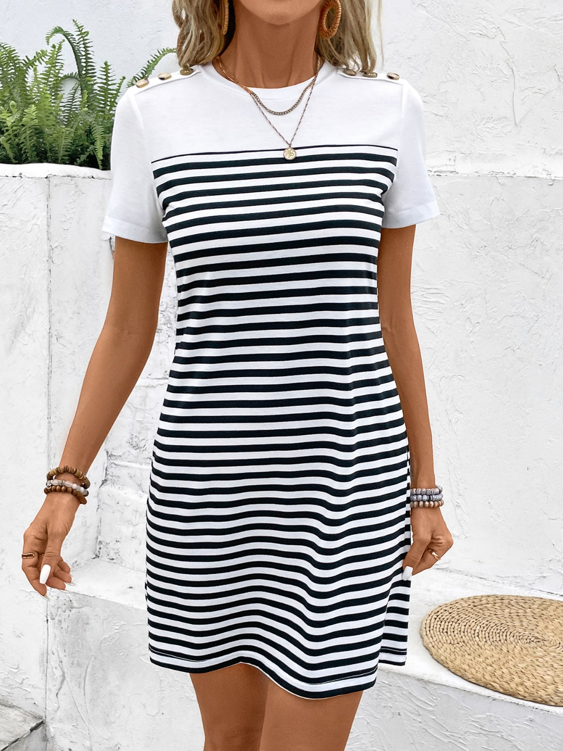 Striped Round Neck Short Sleeve Mini Tee Dress