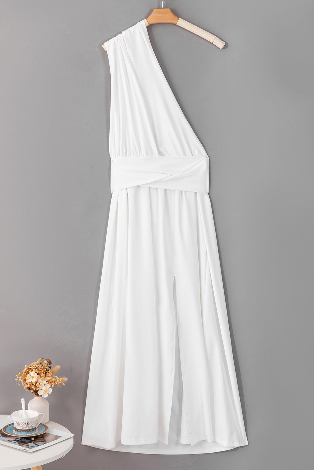 White Sleeveless Ruched High Split Cutout Back Maxi Dress