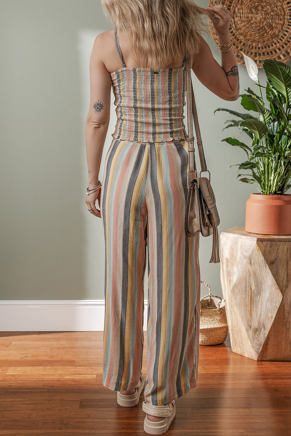 Multicolour Vertical Striped Smocked Cami Top Wide Leg Pants Set