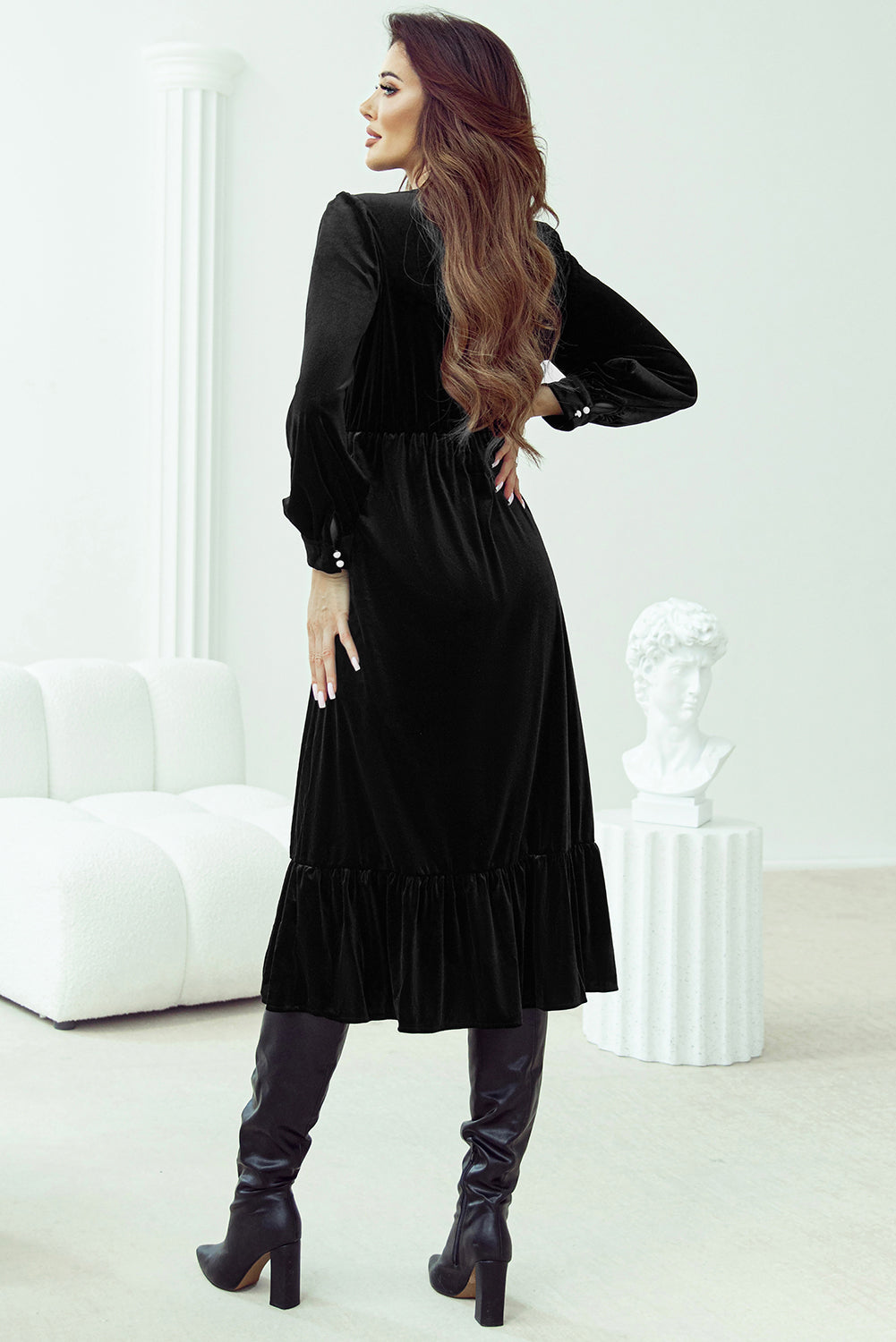 Black Velvet Buttoned Puff Sleeve V Neck Split Midi Dress